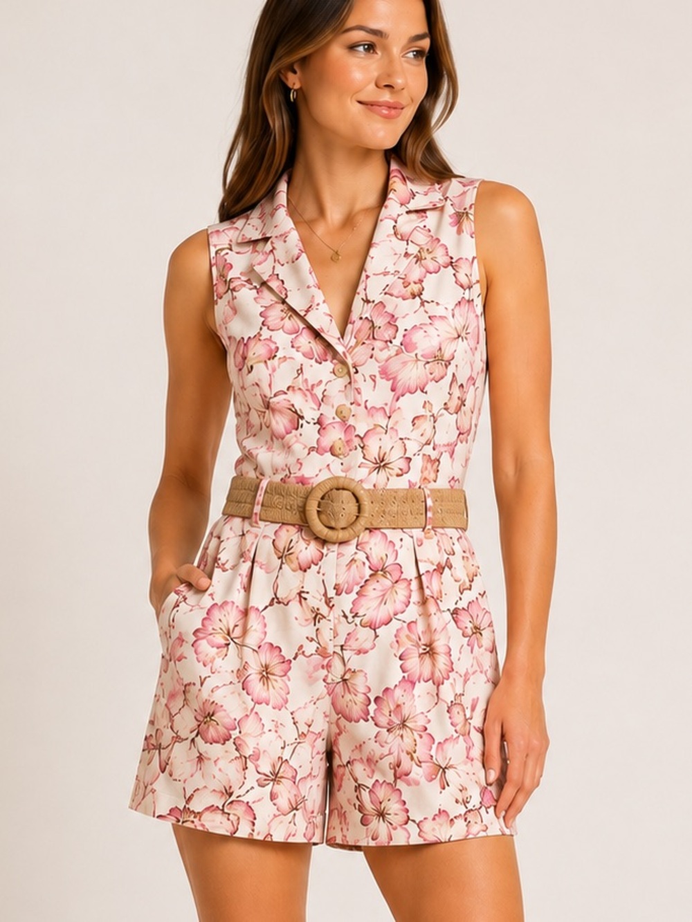 Anthropologie Belle Vere Linen Pink Ivory Belted V-Neck High Rise Floral Romper